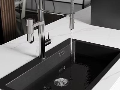 Modern Black Kitchen Sink With Stainless Steel Faucet Water Flowing On White Marble Countertop 3d model