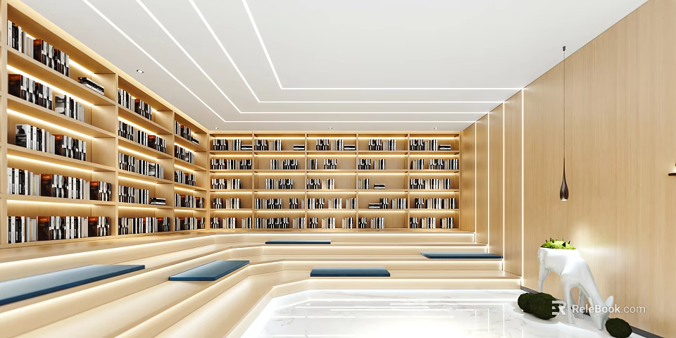 Book Art Modern Interior Design With Floor To Ceiling Bookshelves And Curved Seats 3d model 