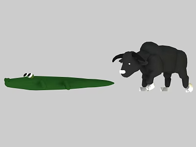Adorable Stuffed Crocodile and Black Buffalo Plush Toys With Green Body White Hooves and Nose 3d model