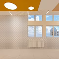Bright School Interior With Yellow Ceiling Round Lights And Wall Display Frames 3d model