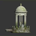 Ornate Classical Gazebo With Dome Columns And Decorative Base Beside Wooden Boat