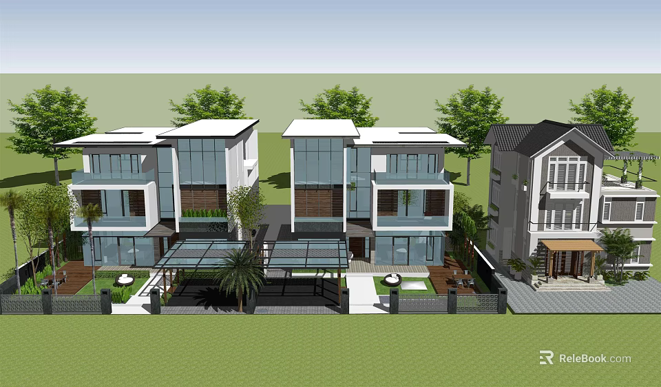 Modern Detached Villa With Glass Facade Landscaped Garden And Outdoor Patio 3d model 