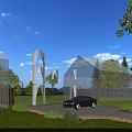 Garden Landscape Design With Lush Lawn Trees Shrubs Driveway And Parked Car