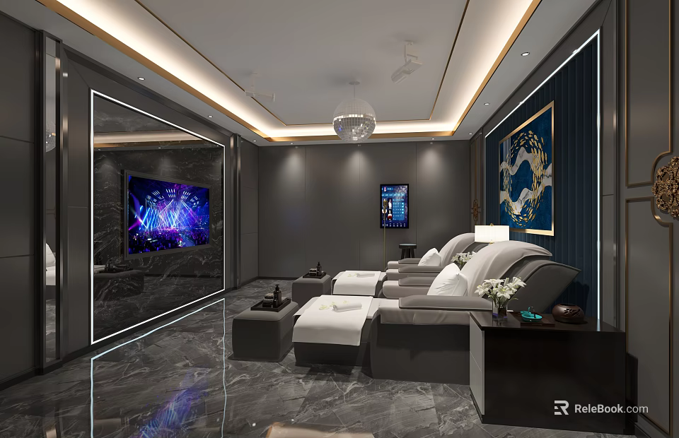 Luxurious SPA Sauna Interior With Comfortable Sofa TV And Decorative Painting 3d model 