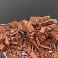 Pile of Broken Red Bricks and Construction Debris Scattered on Ground