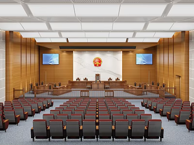 Courtroom Interior With Wooden Walls Judge's Bench Emblem Large Screens And Audience Chairs 3d model