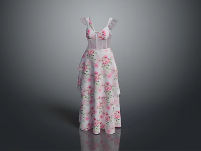White Long Dress With Pink Floral Pattern And Sheer Shoulder Straps Layered Skirt 3d model