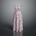 White Long Dress With Pink Floral Pattern And Sheer Shoulder Straps Layered Skirt