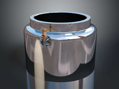 Polished Stainless Steel Cylindrical Container With Brass Tap And Flowing Liquid 3d model
