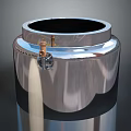 Polished Stainless Steel Cylindrical Container With Brass Tap And Flowing Liquid