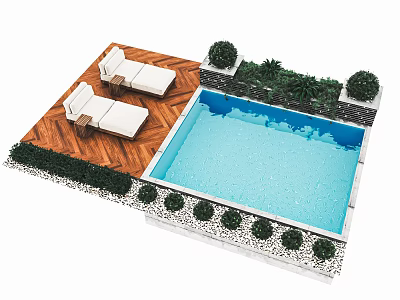 Modern Outdoor Leisure Space With Swimming Pool Wooden Deck White Lounge Chairs And Green Plants 3d model