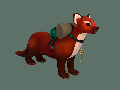 Adorable Red Fox Character With Green Backpack And Key Accessory Design 3d model