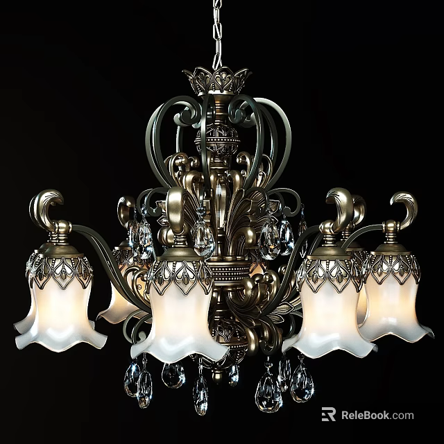 Classic Vintage Chandelier Featuring Intricate Metal Design Crystal Accents And White Glass Shades 3d model 