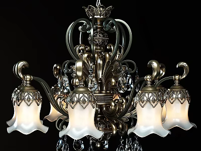 Classic Vintage Chandelier Featuring Intricate Metal Design Crystal Accents And White Glass Shades 3d model