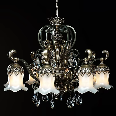 Classic Vintage Chandelier Featuring Intricate Metal Design Crystal Accents And White Glass Shades 3d model