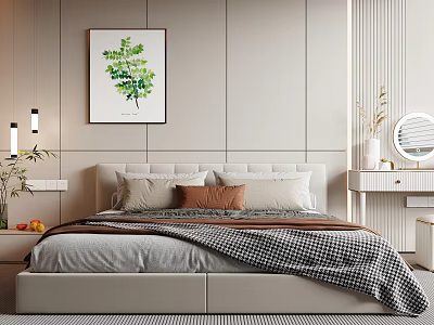 Double Bed Background With Light Colored Wall Vertical Stripes Green Plant Painting Pillows Checkered Blanket And Dressing Table Mirror 3d model