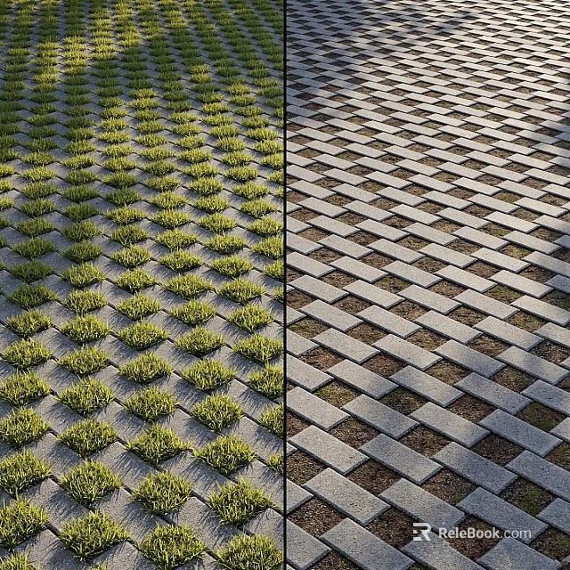 Grass Filled And Brick Interlocking Grid Pattern Ground Design For Outdoor Spaces 3d model 