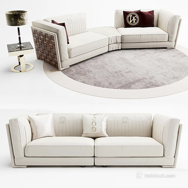 Modern White Sofa Set With Elegant Design Cushions Round Rug And Side Table 3d model 