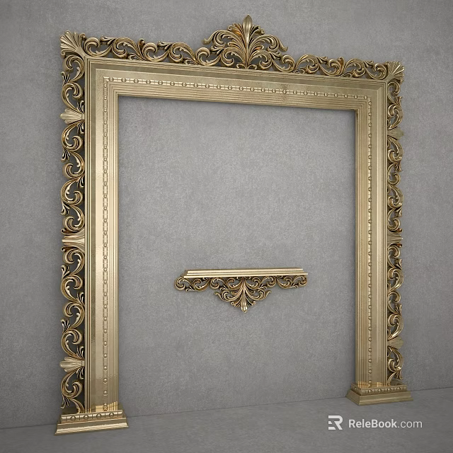 Gray Background Wall With Golden Decorative Frame Carved Ornaments And Small Shelf 3d model 