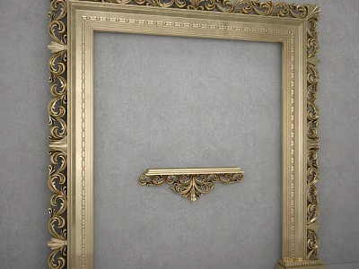 Gray Background Wall With Golden Decorative Frame Carved Ornaments And Small Shelf 3d model