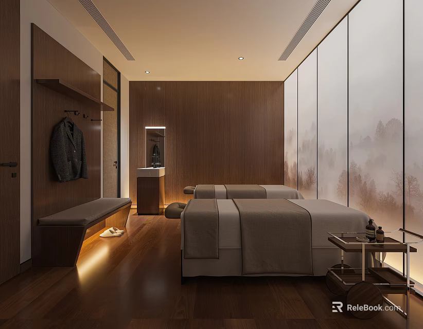 Spa Sauna Interior Design With Wooden Walls Massage Beds And Ambient Lighting 3d model 