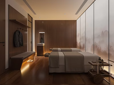 Spa Sauna Interior Design With Wooden Walls Massage Beds And Ambient Lighting 3d model
