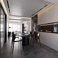 Modern Living and Dining Area With Black Sofa Beige Rug And Abstract Artwork