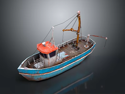 Vintage Fishing Boat With Red Roof Blue Hull And Crane For Water Transport 3d model