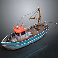 Vintage Fishing Boat With Red Roof Blue Hull And Crane For Water Transport