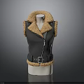 Black Leather Vest With Orange Fur Collar And Belt Buckle For Daily Use