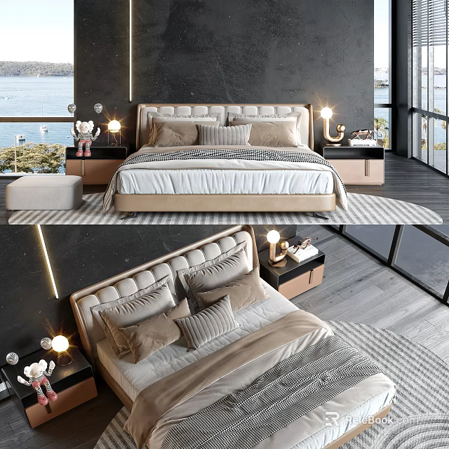 Modern Double Bed Interior Design With Upholstered Headboard Decorative Pillows Nightstands Table Lamps And Windows 3d model 