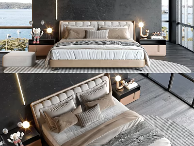 Modern Double Bed Interior Design With Upholstered Headboard Decorative Pillows Nightstands Table Lamps And Windows 3d model