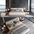 Modern Double Bed Interior Design With Upholstered Headboard Decorative Pillows Nightstands Table Lamps And Windows