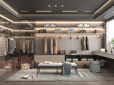 Elegant Modern Walk in Closet Interior Design With Hanging Clothes Shelves Bench And Mirror 3d model