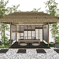 Japanese Pergola with Thatched Roof Bamboo Curtains Bamboo Plants White Walls Pebble Ground and Bench