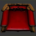 Luxurious Red Leather Single Chair With Carved Wooden Armrests And Ornate Backrest
