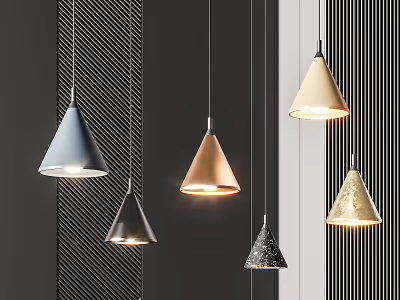 Modern Pendant Lights in Various Designs and Assorted Colors Illuminated on Dark Striped Background 3d model