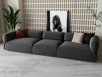 Gray Three Seater Sofa with Red Beige Dark Cushions White Lattice Wall Black and White Photo Greenery 3d model
