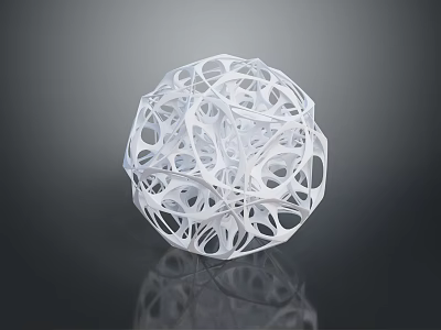 White Hollow Sphere Sculpture With Intricate Geometric Patterns On Black Reflective Surface 3d model