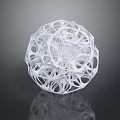White Hollow Sphere Sculpture With Intricate Geometric Patterns On Black Reflective Surface