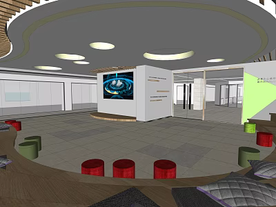 Modern Reception Area With Large Display Screen Colorful Stools And Circular Lighting 3d model