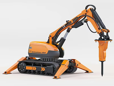 Orange Tracked Utility Vehicle with Extended Arm and Hydraulic Breaker Attachment 3d model