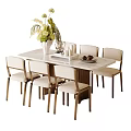 Dining Table Set With Six Light Wood Upholstered Chairs Marble Top And Floral Arrangement