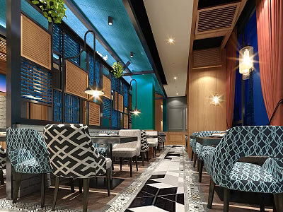 Stylish Modern Restaurant Interior With Patterned Chairs Tables Decorative Plants And Lighting 3d model