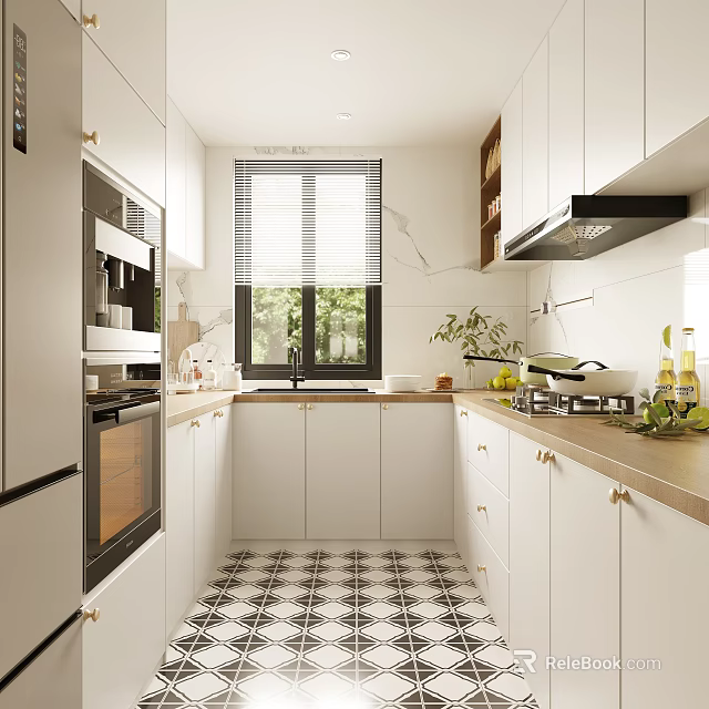 Modern Kitchen Interior With White Cabinets Marble Countertops Checkered Floor And Window Blinds 3d model 