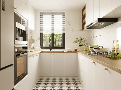 Modern Kitchen Interior With White Cabinets Marble Countertops Checkered Floor And Window Blinds 3d model