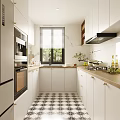 Modern Kitchen Interior With White Cabinets Marble Countertops Checkered Floor And Window Blinds