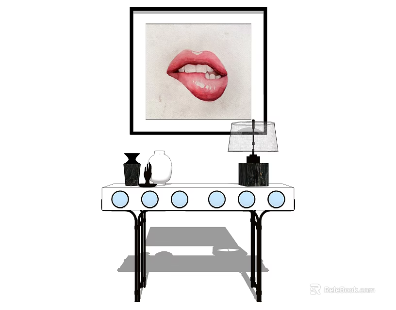 Stylish Console Table With Decorative Lamp Vase And Lips Artwork On Wall 3d model