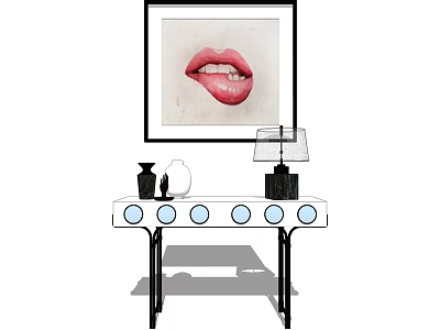 Stylish Console Table With Decorative Lamp Vase And Lips Artwork On Wall 3d model