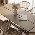 Natural Wooden Dining Table Set With Rattan Chairs Dried Flowers Vase And Magazine